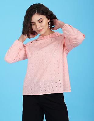pink-ruffled-round-neck-hakoba-embroidered-top