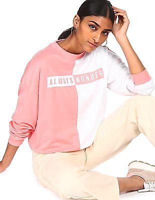 women-pink-and-white-crew-neck-colour-block-sweatshirt