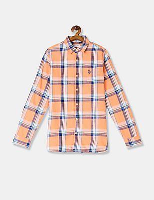 boys-orange-spread-collar-check-shirt