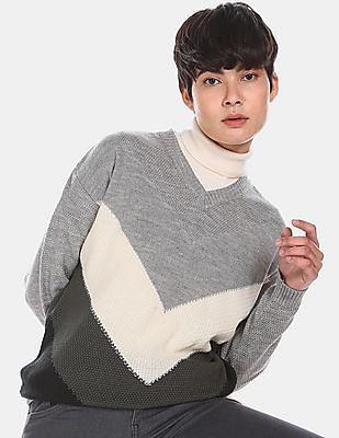 v-neck-colour-block-patterned-knit-sweater