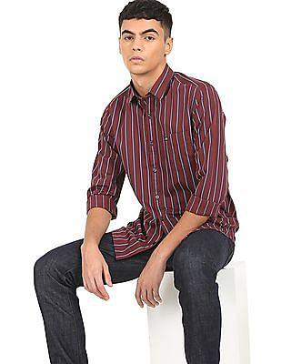 men-wine-spread-collar-striped-casual-shirt
