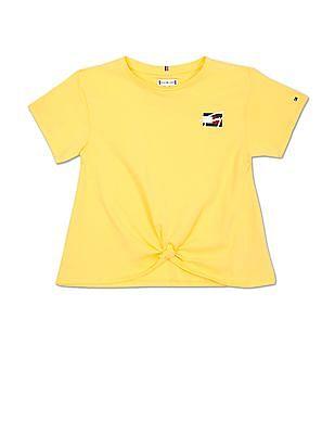 girls-yellow-round-neck-knotted-hem-t-shirt