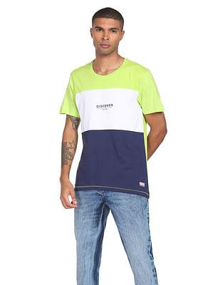 men-lime-green-cotton-colour-block-t-shirt
