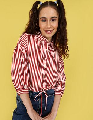 white-and-red-vertical-stripe-puffed-sleeve-crop-shirt