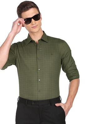 men-olive-manhattan-slim-fit-patterned-dobby-weave-formal-shirt