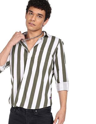 men-white-and-olive-cotton-vertical-stripe-casual-shirt
