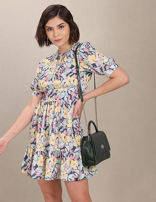 puffed-sleeve-floral-fit-and-flare-dress
