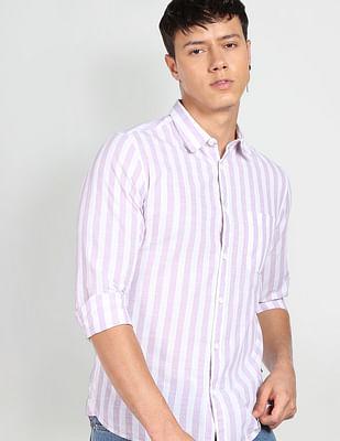 slub-vertical-stripe-spread-collar-casual-shirt
