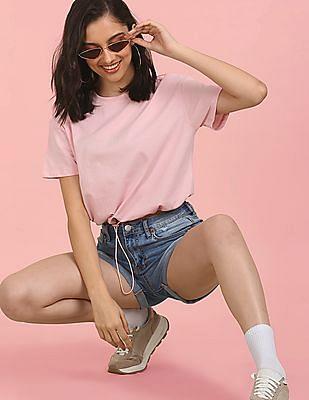 women-pink-round-neck-solid-crop-t-shirt