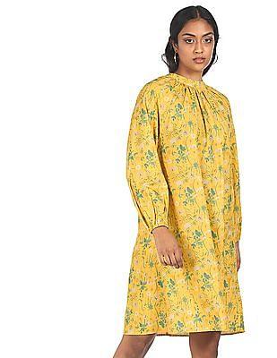 women-yellow-long-sleeves-print-flare-dress