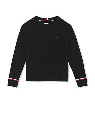 girls-black-crew-neck-cable-knit-sweater