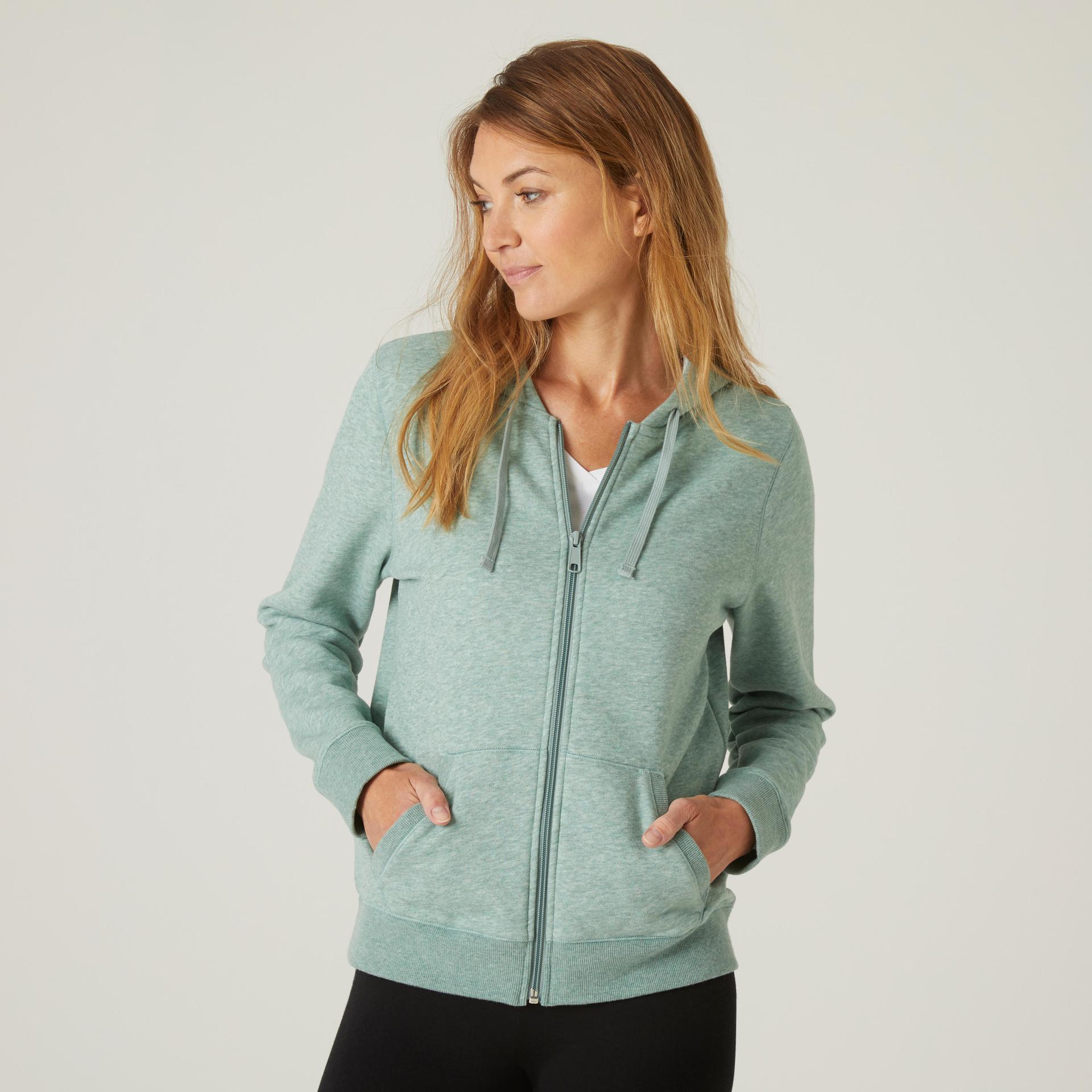 women's-gym-cotton-fleece-hoodie-zip-jacket-500-khaki