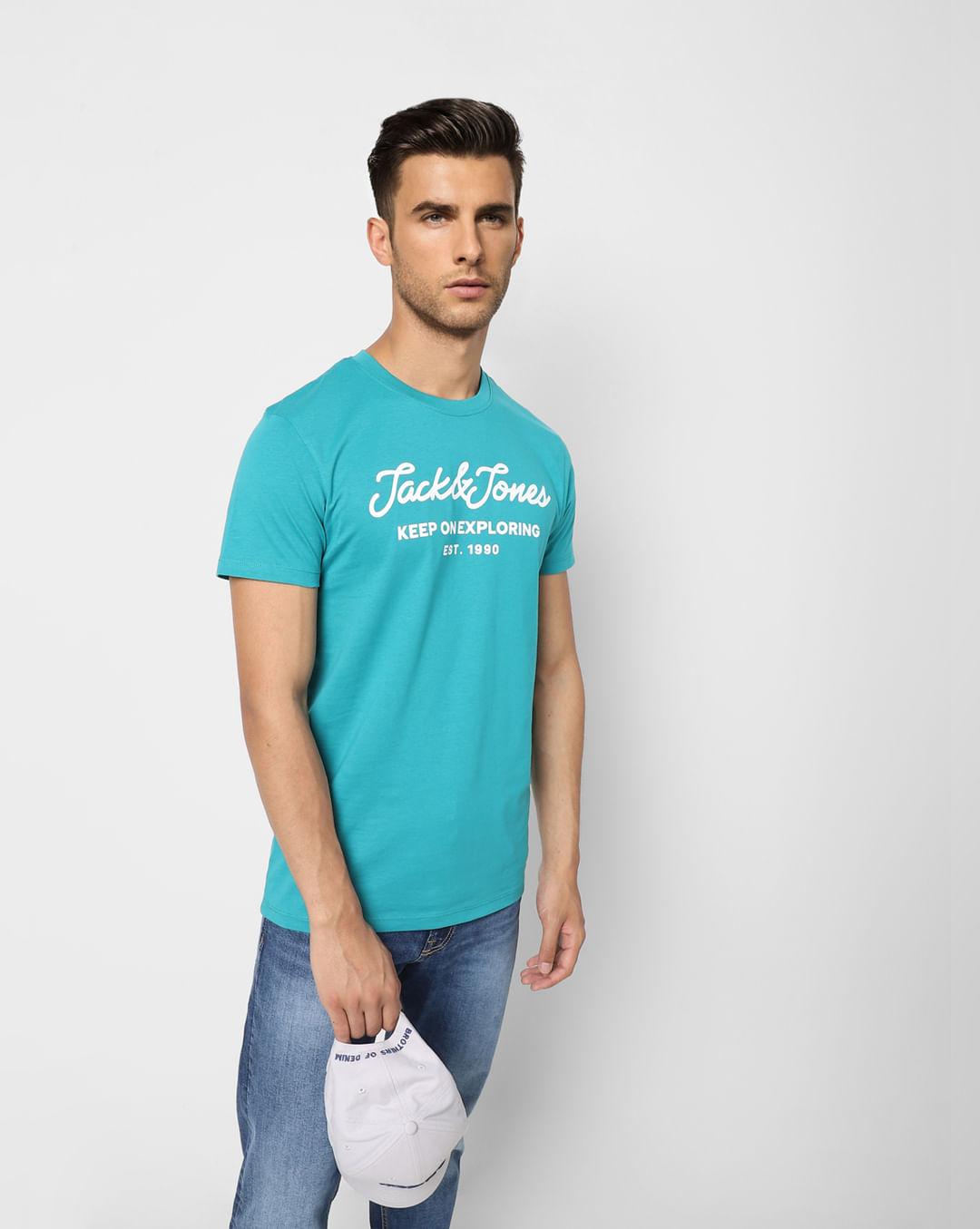 turquoise-logo-print-crew-neck-t-shirt