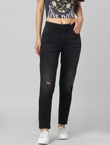 black-mid-rise-distressed-skinny-jeans