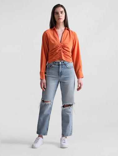 orange-cropped-ruched-shirt