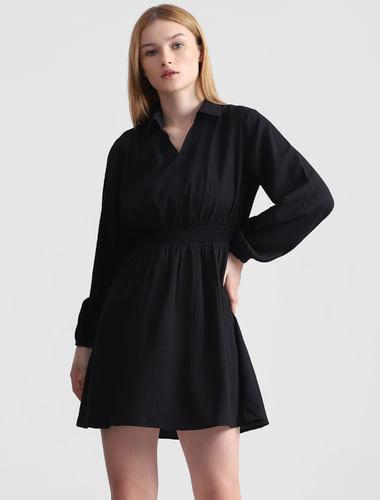 black-textured-fit-&-flare-dress