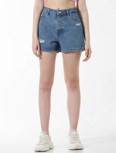 blue-high-rise-distressed-denim-shorts
