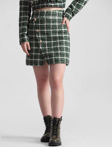 green-high-rise-tweed-check-skirt