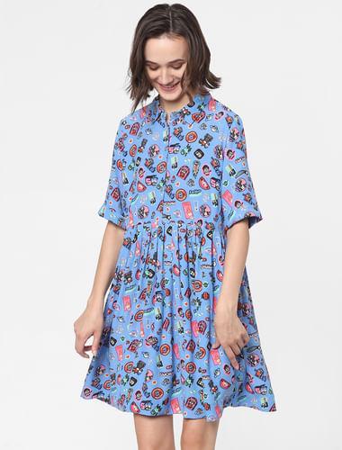 x-minions-blue-graphic-print-fit-&-flare-dress