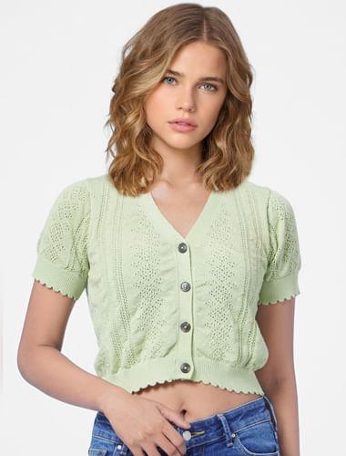 green-pointelle-knit-cropped-cardigan