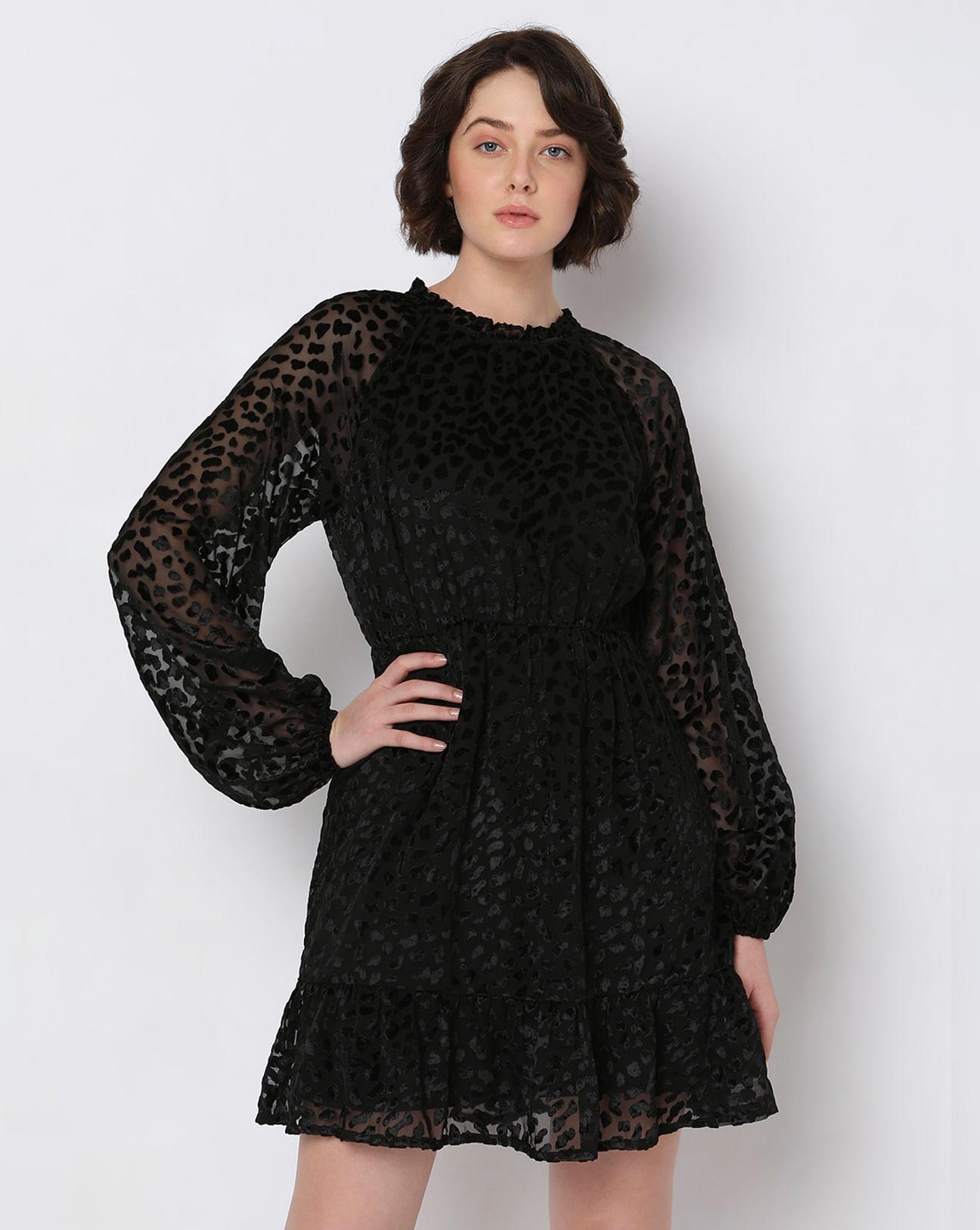 black-animal-print-fit-&-flare-dress