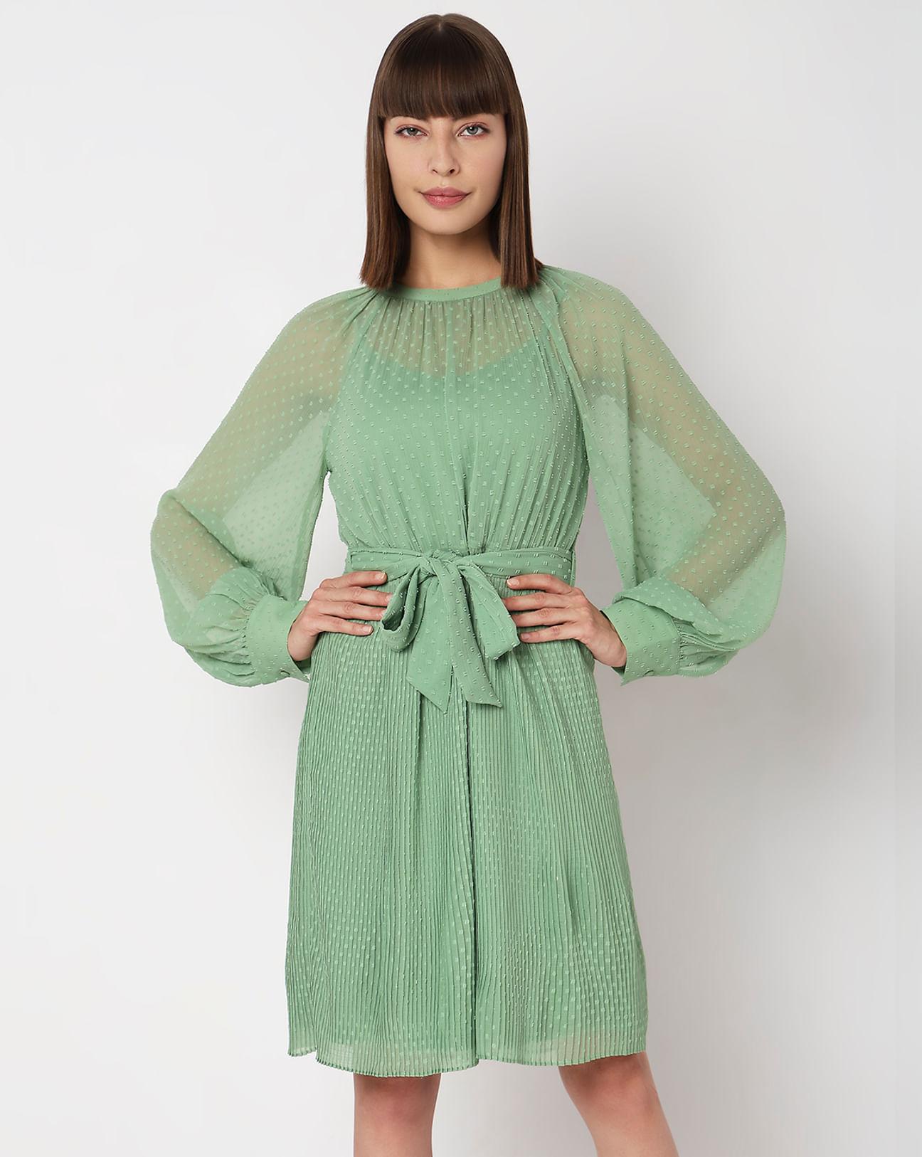 green-georgette-pleated-dress