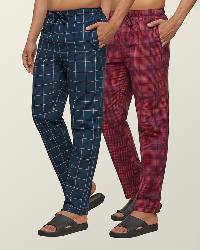 pack-of-2-men's-red-super-combed-cotton-checkered-pyjama