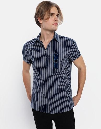 american-eagle-men-blue-short-sleeve-striped-denim-button-up-shirt