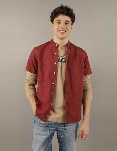 american-eagle-men-maroon-short-sleeve-band-collar-linen-button-up-shirt