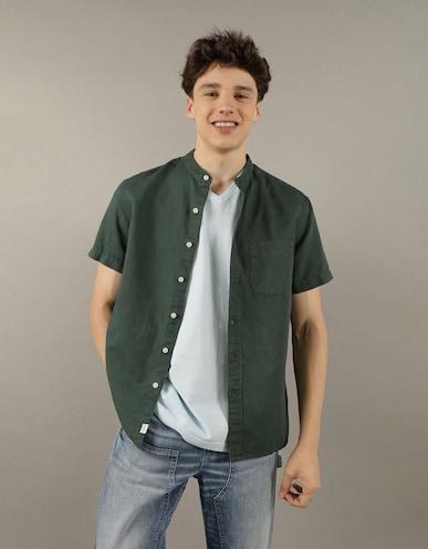 american-eagle-men-green-short-sleeve-band-collar-linen-button-up-shirt