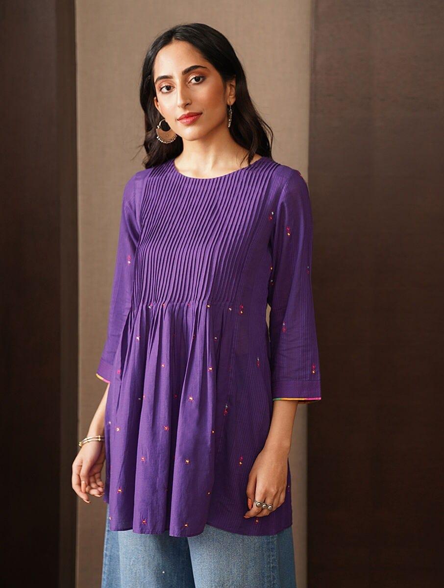 women-purple-cotton-embroidered-round-neck-flared-tunics