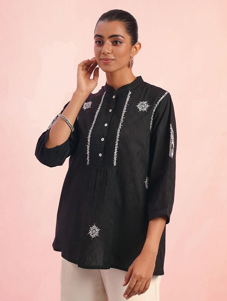 women-black-cotton-embroidered-mandarin-collar-regular-fit-tunics