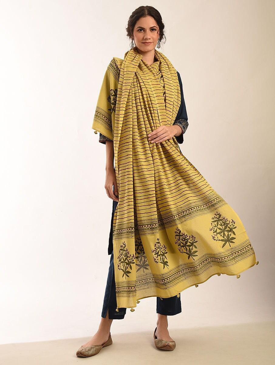 women-yellow-cotton-block-print-dupatta