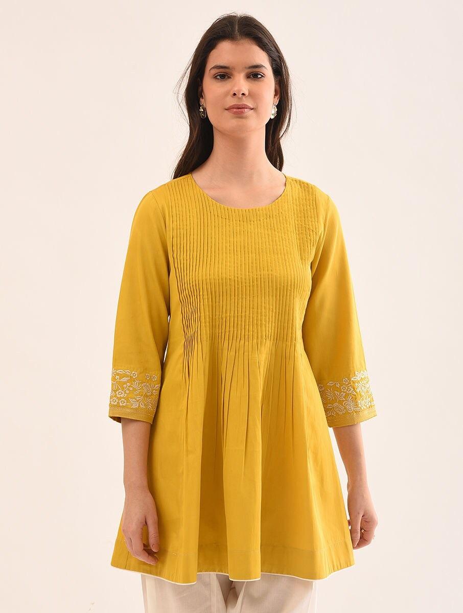 women-mustard-yellow-cotton-embroidered-round-neck-regular-fit-tunics