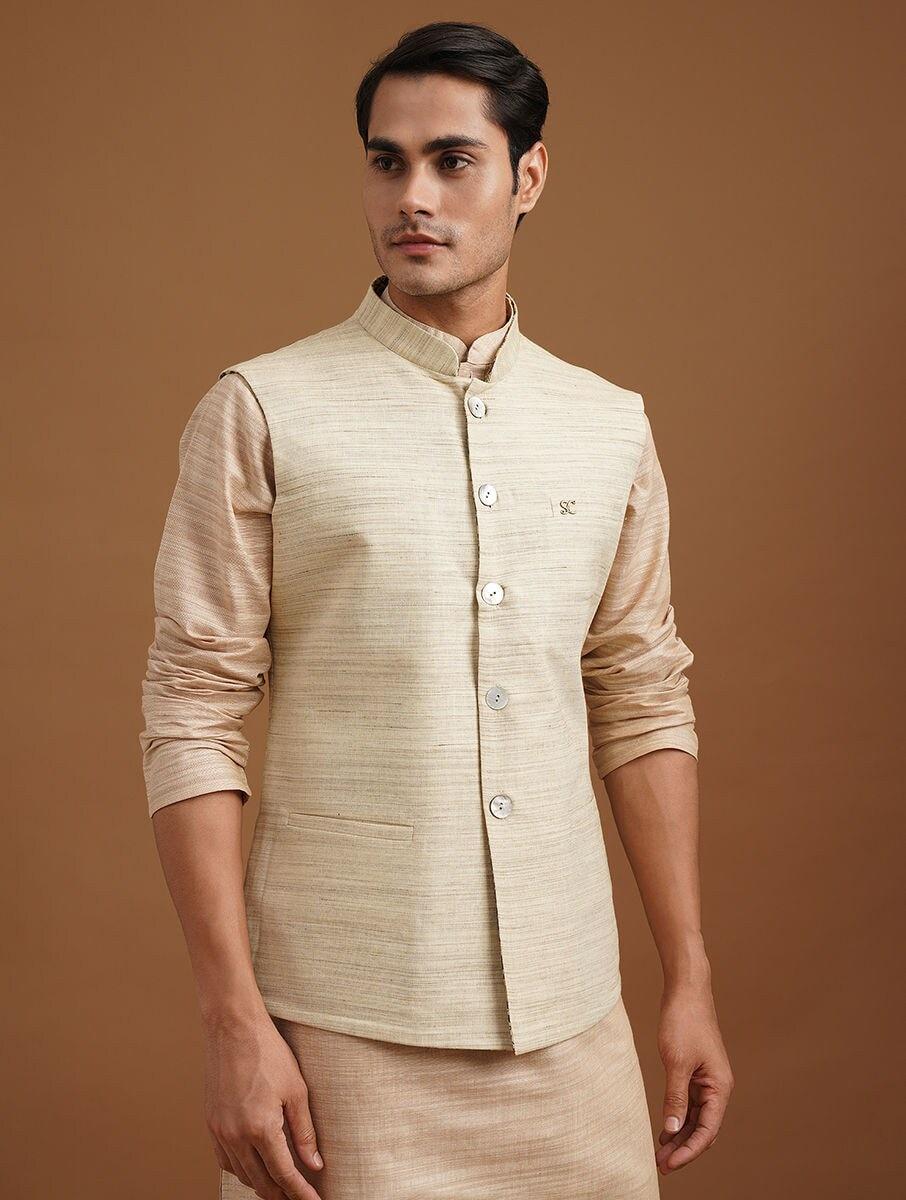 men-beige-brown-cotton-rich-block-print-mandarin-collar-straight-fit-nehru-jacket
