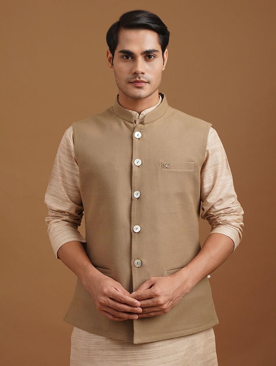 men-brown-cotton-rich-block-print-mandarin-collar-straight-fit-nehru-jacket