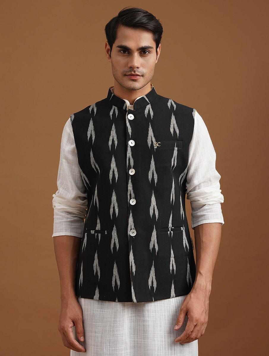 men-black-cotton-rich-block-print-mandarin-collar-straight-fit-nehru-jacket