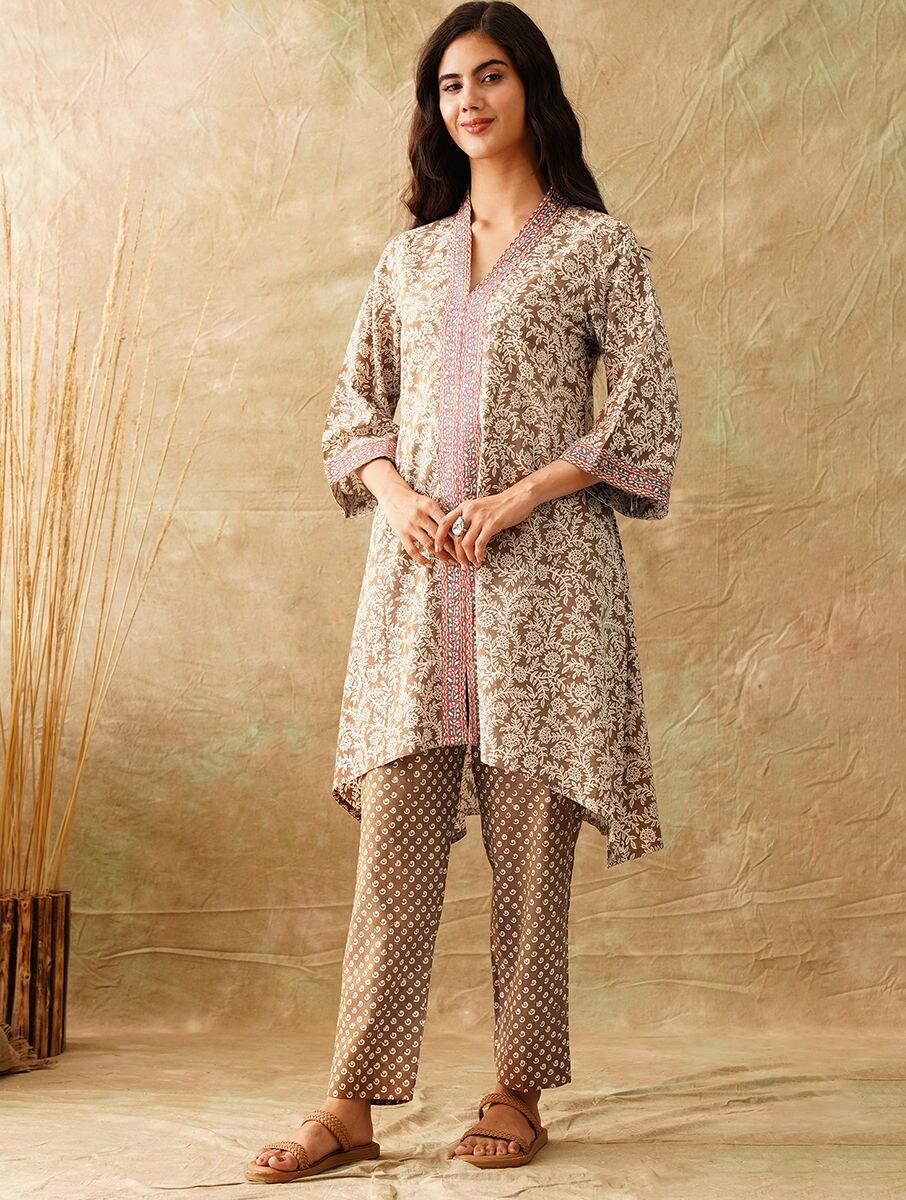 women-brown-cotton-embroidered-v-neck-regular-fit-tunics