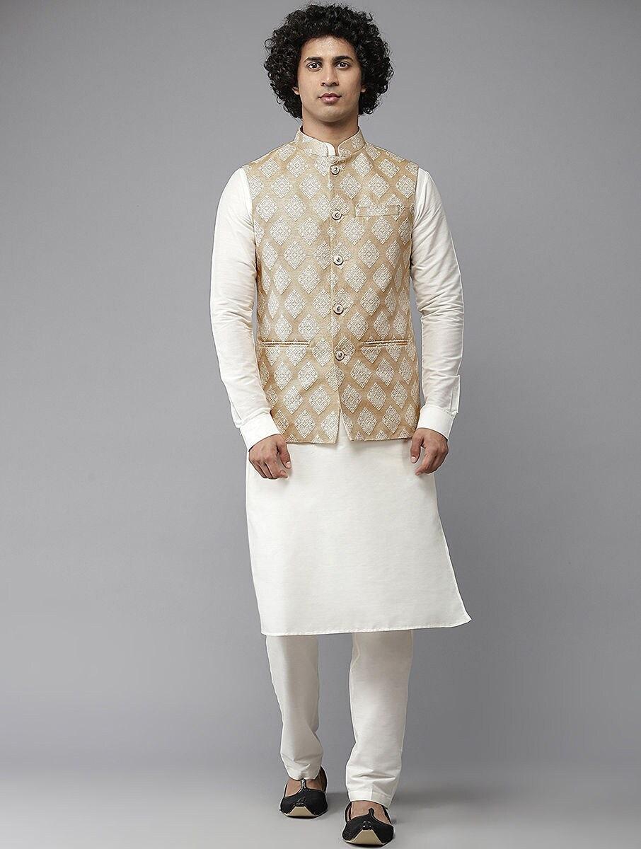 men-gold-cotton-self-design-mandarin-collar-regular-fit-nehru-jacket