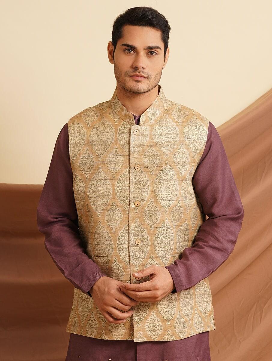 men-tan-brown-ghicha-silk-block-print-mandarin-collar-regular-fit-nehru-jacket