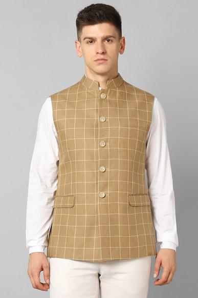 men-khaki-check-slim-fit-party-nehru-jacket