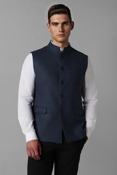 men-navy-textured-slim-fit-party-nehru-jacket