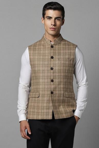 men-brown-check-slim-fit-party-nehru-jacket