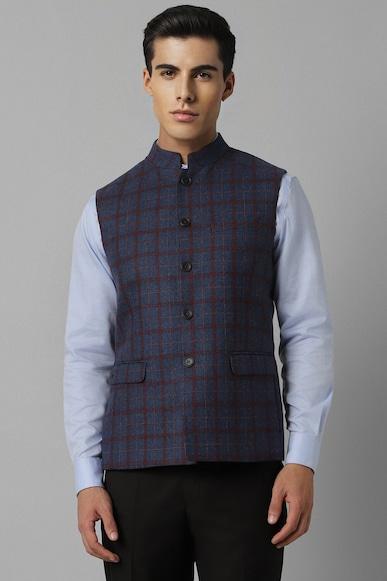 men-blue-check-slim-fit-party-nehru-jacket