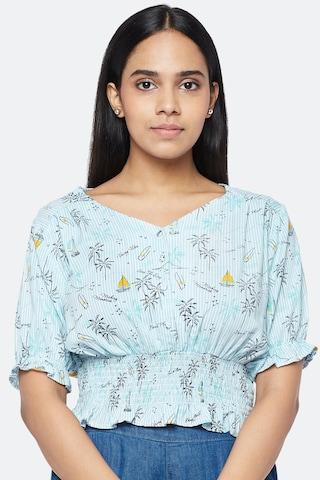 blue-printed-casual-half-sleeves-v-neck-women-mix-fit-top