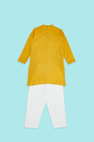 yellow-solid-casual-mandarin-full-sleeves-thigh-length-boys-regular-fit-pant-kurta-set