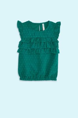 green-textured-casual-short-sleeves-round-neck-girls-regular-fit-blouse