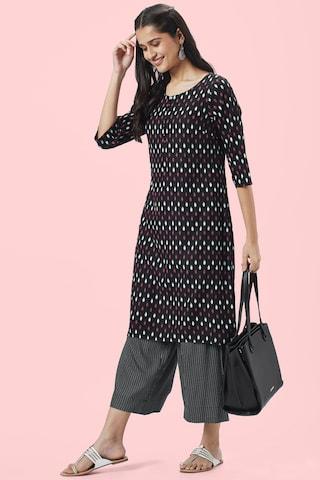 black-printed-ethnic-round-neck-3/4th-sleeves-knee-length-women-regular-fit-kurta-pant-set