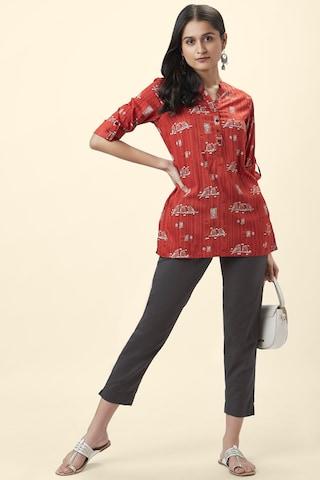 rust-printed-casual-3/4th-sleeves-mandarin-women-regular-fit-tunic