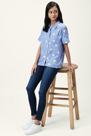 light-blue-dots-casual-half-sleeves-regular-collar-women-comfort-fit-shirt